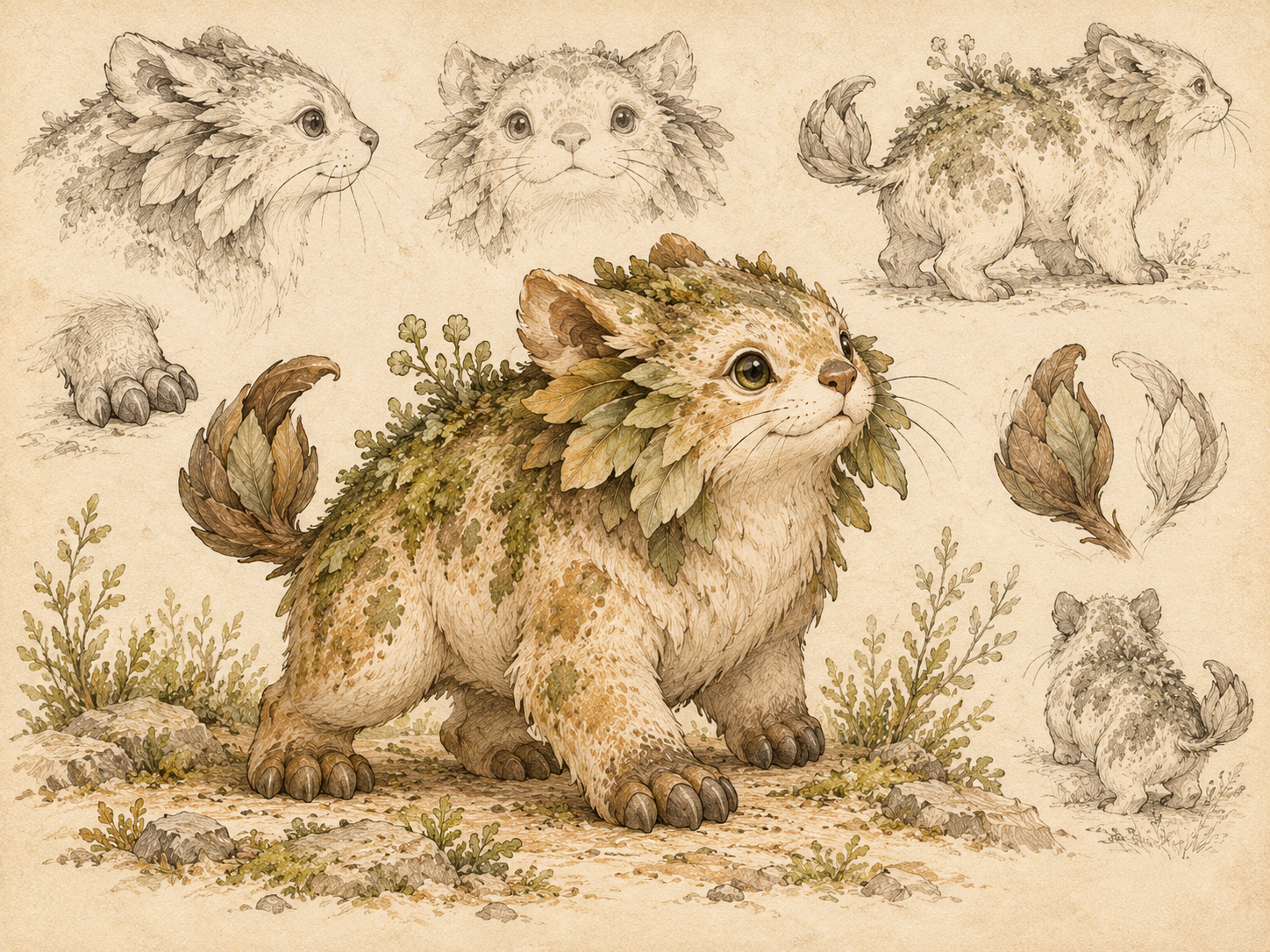 Digitally hand-drawn small moss-backed companion creature