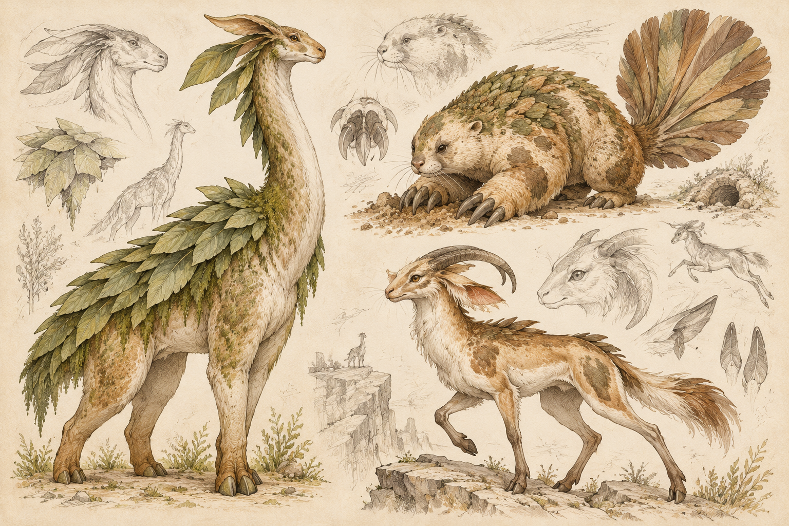 Digitally hand-drawn creature studies including a leaf-maned grazer, burrowing animal, and long-tailed runner