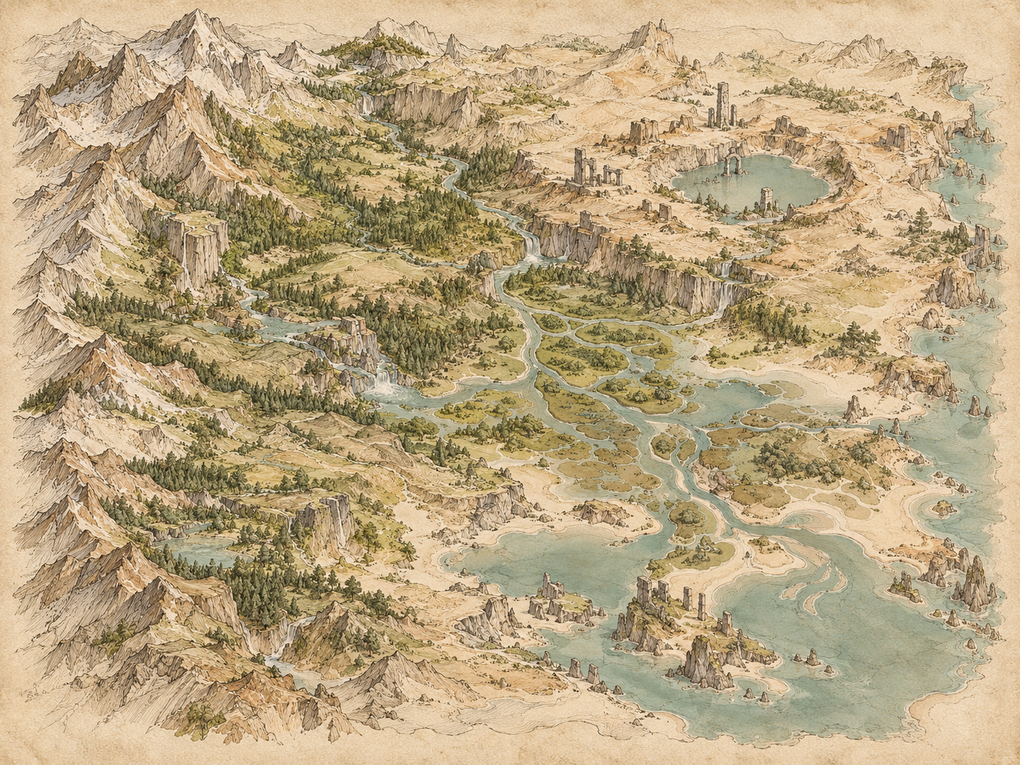 Hand-drawn exploratory map with a winding river, ridges, wetlands, and old ruins