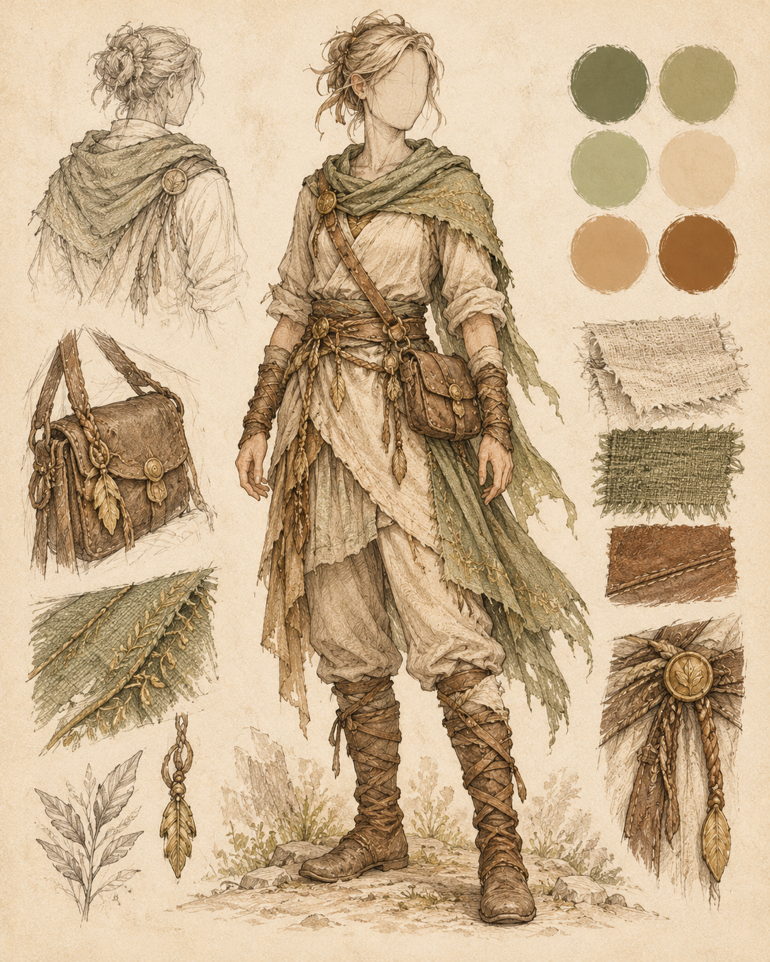 Digitally hand-drawn outfit concept in layered sand and sage clothing with a field satchel
